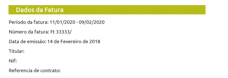 Dados da Fatura da Iberdrola: Período da Fatura, Número da Fatura, Data de Emissão, Titular, NIF, Referência de Contrato