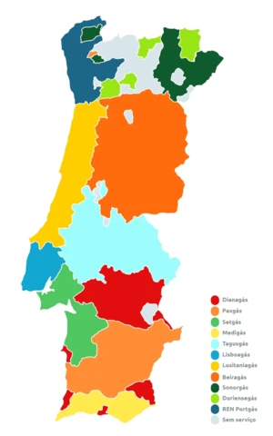 mapa distribuidoras gás natural Portugal